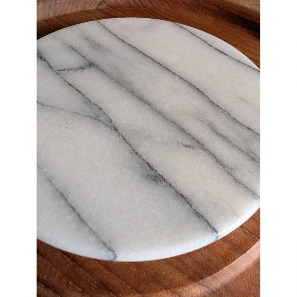 Vintage Good Wood Teak Cheese Board White Marble Inlay Serving Tray 11.5